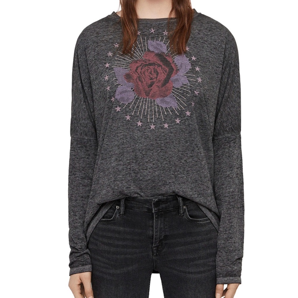 AllSaints Charcoal Rose Graphic Long Sleeve Tee | XS | Rock Chic